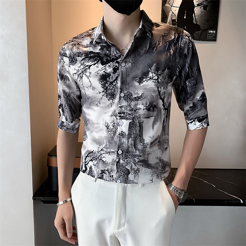 B216CS145P452025夏装新款男士山水画中袖衬衫小伙风,男装衬衫,电商B216（原B302）