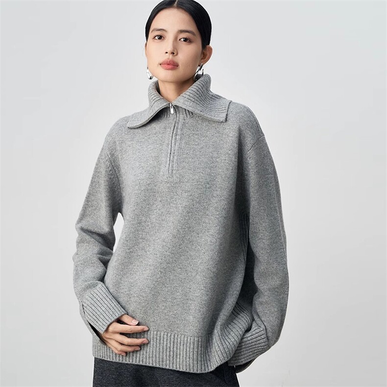 秋冬女士时尚宽松翻领羊毛拉链款针织衫,女装羊毛衫,挚尚羊绒