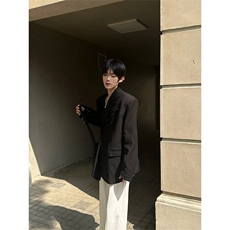 现货~戗驳领西装外套垫肩休闲宽松挺阔黑色男女西服夹克X892-P105，男装夹克，星座1004-3
