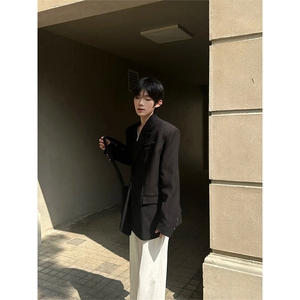 现货~戗驳领西装外套垫肩休闲宽松挺阔黑色男女西服夹克X892-P105图片