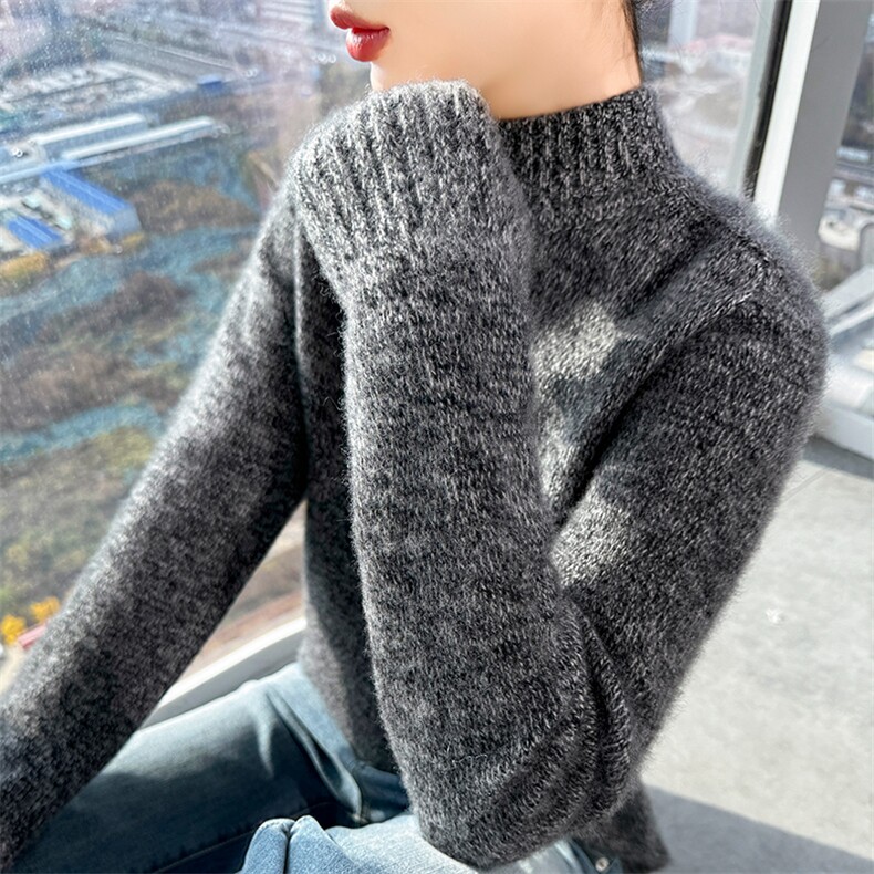 花纱宽松马鞍肩纯羊毛衫女半高领加厚毛衣2025秋冬新款针织羊绒衫,女装羊毛衫,百越羊绒