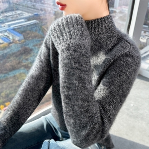 花纱宽松马鞍肩纯羊毛衫女半高领加厚毛衣2025秋冬新款针织羊绒衫图片