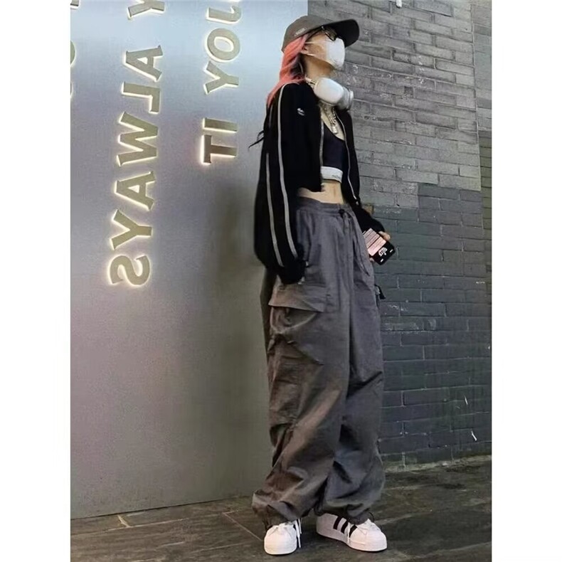 美式复古纯色嘻哈工装裤女直筒宽松高腰显瘦多口袋运动休闲裤子图片