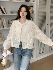 现货米杏色超好看时尚防晒蕾丝女2025早春新款韩版小个子别致上衣，女装短外套，欧米莱