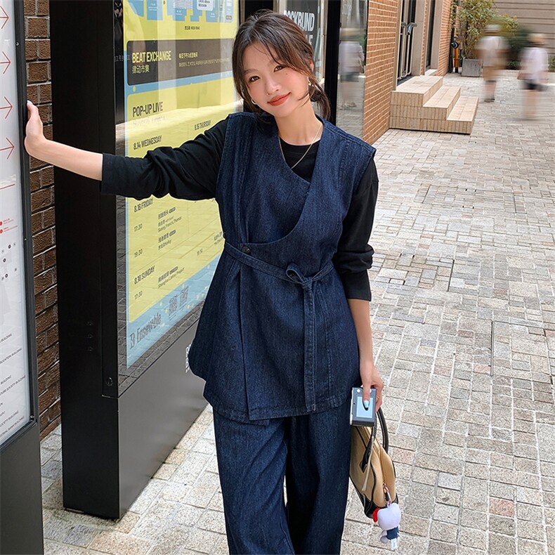 深蓝色不规则松弛感牛仔马甲套装女秋季新款港风轻熟阔腿裤两件套,女装套装/套裙,浙宝305