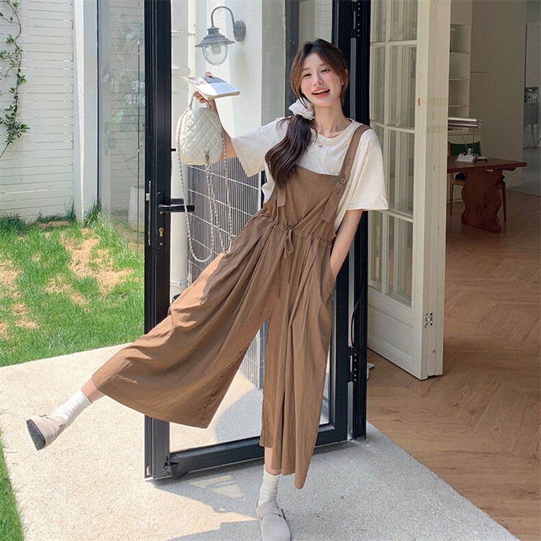 时尚套装女夏季休闲洋气减龄显瘦短袖T恤背带阔腿裤两件套,女装套装/套裙,维壹