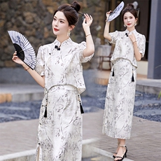 气质新中式印花两件套裙2025新款夏季复古流苏小衫女神范半裙套装，女装套装/套裙，雅佳俏