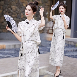 气质新中式印花两件套裙2025新款夏季复古流苏小衫女神范半裙套装图片