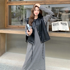 韩版学院风减龄条纹连衣裙套装女2025年春秋季新款皮衣马甲两件套，女装连衣裙，2C166