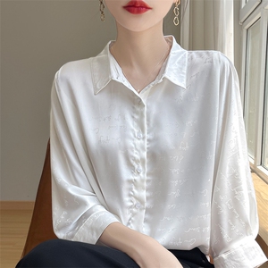 高端轻奢三醋酸字母提花衬衫女法式复古真丝缎面质感暗纹衬衣开衫图片
