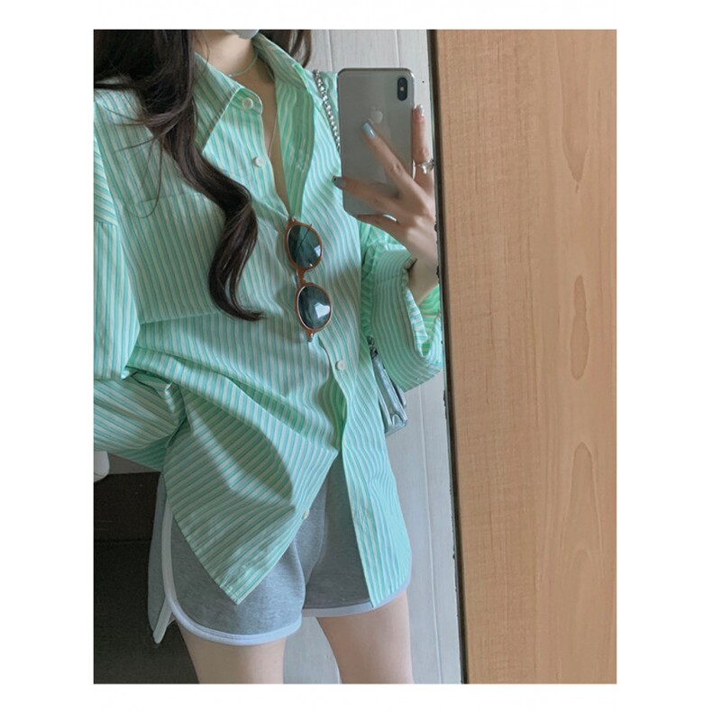 TC770-P45盐系甜美休闲少女穿搭绿色长袖条纹衬衫女宽松上衣,男装衬衫,星座617A-2