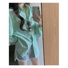 TC770-P45盐系甜美休闲少女穿搭绿色长袖条纹衬衫女宽松上衣，男装衬衫，星座617A-2