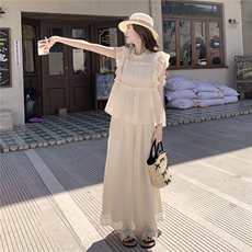 超仙时尚雪纺无袖木耳边套装女2026夏新款半透减龄阔腿裙裤两件套，女装套装/套裙，水衣源