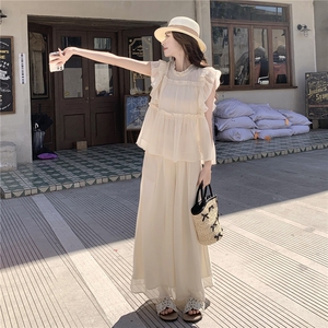 超仙时尚雪纺无袖木耳边套装女2026夏新款半透减龄阔腿裙裤两件套图片