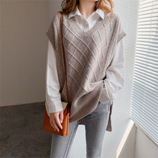 秋冬新款羊毛马甲女中长款V领坎肩背心套头宽松羊毛针织衫，女装马甲，唯若美羊绒