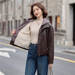 加绒皮衣外套女连帽格子拼接上衣2025冬季新款加厚毛皮夹克机车服图片