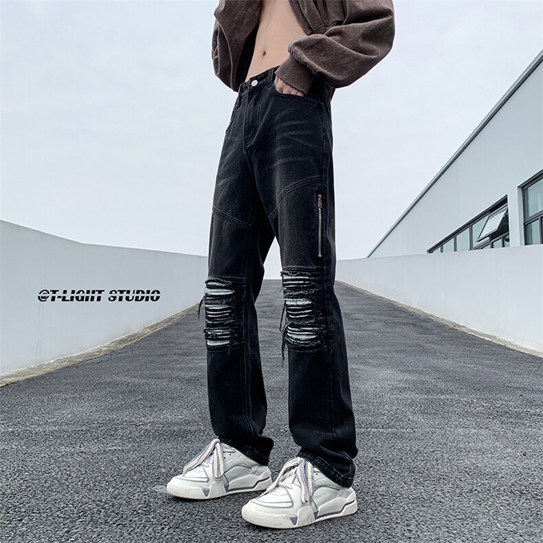 B221 美式ins高街暗黑小众拉链破洞牛仔裤 LK23052-P65 控88图片
