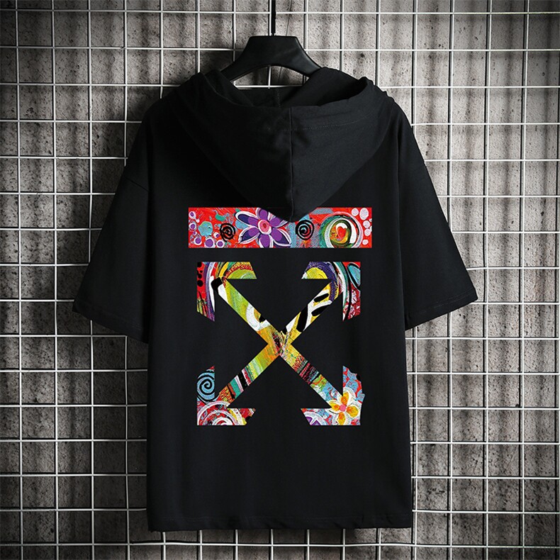 LD54169-P45 连帽短袖t恤男大码胖子带帽五分袖中袖 网格挂拍图片