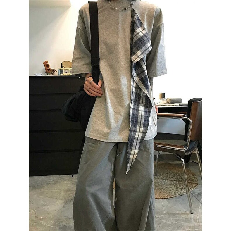 美式格子拼接短袖t恤男夏季飘带打结设计感情侣半袖,男装T恤,星座410-7