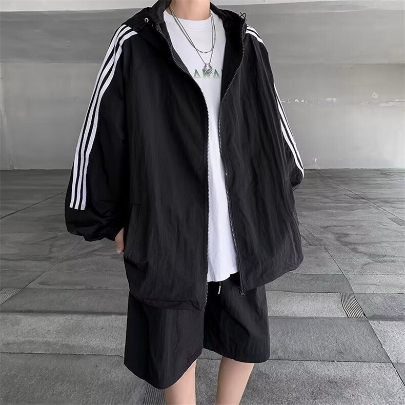 条纹简约轻薄透气外套套装宽松休闲五分短裤防晒套装男 BK88图片
