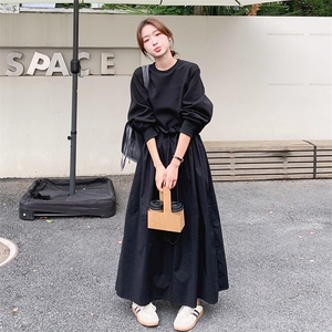 韩版设计感假两件抽绳卫衣裙女2025春秋季新款休闲显瘦减龄连衣裙图片