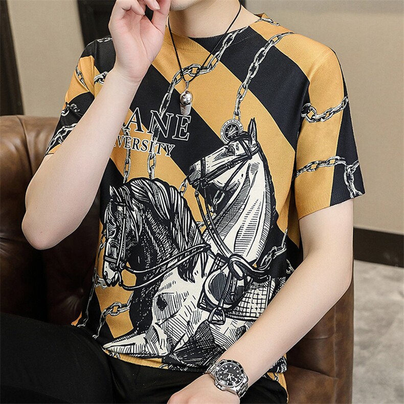 夏季薄款男士圆领短袖t恤时尚休闲2023新款打底衫修身上衣服体恤图片
