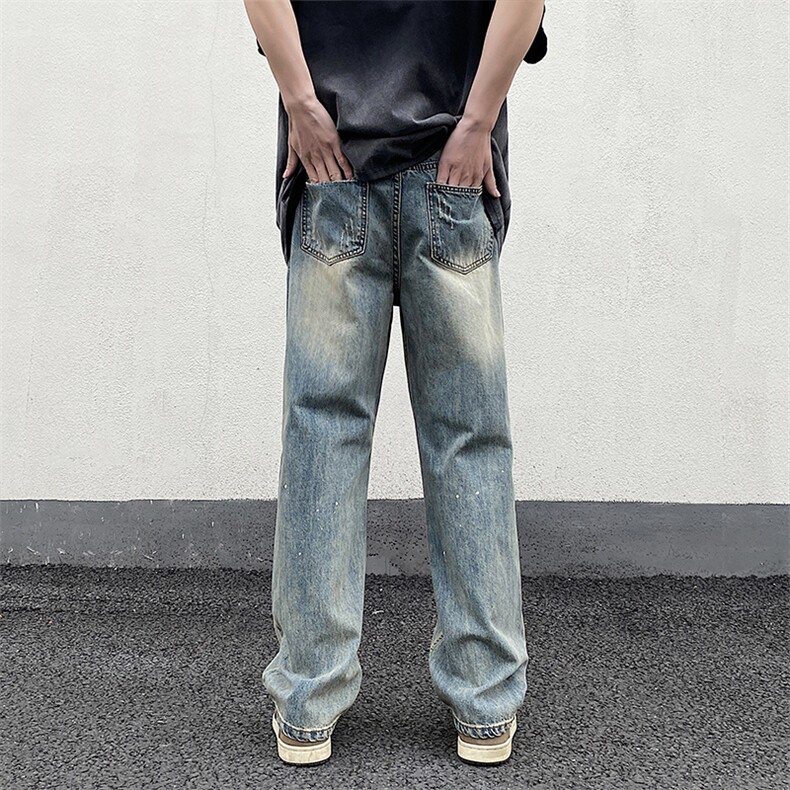 高街美式复古黄泥水洗破洞牛仔裤男宽松长裤XZ211-1-K2315-P55,男装牛仔裤,星座211-1