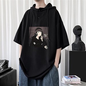 LD54122-P45 连帽短袖t恤男大码胖子带帽五分袖中袖图片