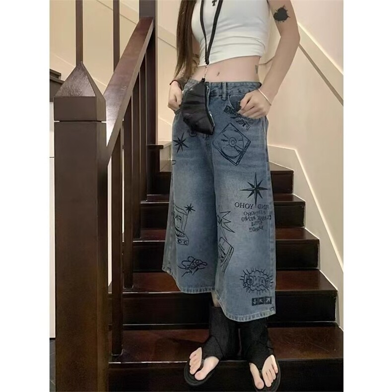 复古涂鸦七分牛仔短裤女2025夏季新款高腰宽松中裤子,男装牛仔裤,星座1210-1