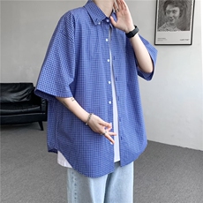 美式复古蓝色格子长袖衬衫男春秋韩版宽松高级感刺绣格纹衬衣外套，男装衬衫，星座1013