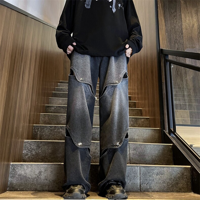 港风秋款男牛仔裤破洞十字架拼接直筒渐变色长裤NK904P55,男装牛仔裤,星座1013-1