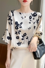 宽松圆领真丝上衣女T恤夏季2025年新款别致水墨印花桑蚕丝衬衫，女装衬衫，朝贺羊绒