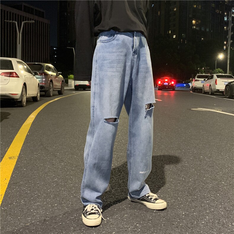 牛仔裤男20港风潮牌一字破洞宽松直筒百搭长裤716-2-NZ003-P55,男装牛仔裤,星座1213