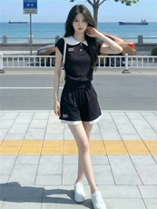 欧货休闲运动套装女夏新款拼接撞色海军领收腰短袖上衣短裤两件套，女装套装/套裙，江南