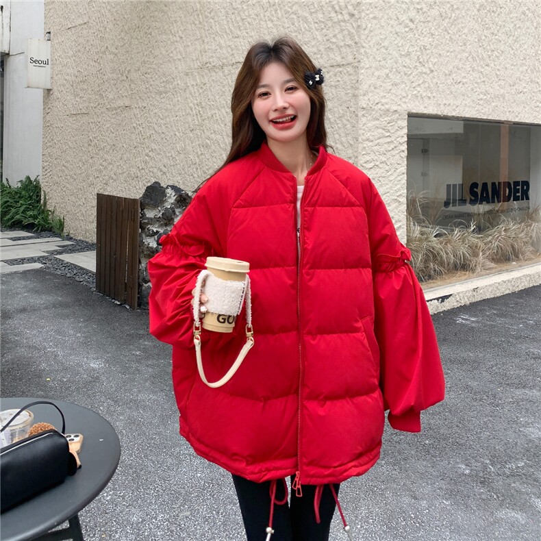 花边拼接白鸭绒棒球羽绒服女2025冬装保暖外套小个子跨年圣诞好看,女装羽绒服,艾米莉亚