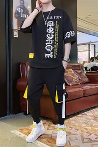 2023夏季短袖t恤男潮流帅气宽松半袖长裤套装男孩体恤F173P75图片