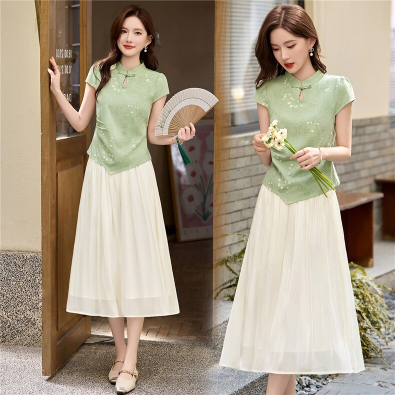 2026夏季高级感设计新中式风盘扣上衣高腰半身裙两件套，女装连衣裙，鑫鑫美
