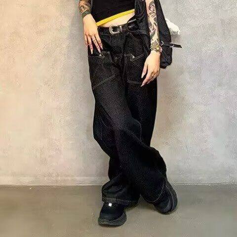 黑色拼接工装牛仔裤男秋季潮牌机能美式街头高街2025潮男秋冬，男装牛仔裤，四季星座505