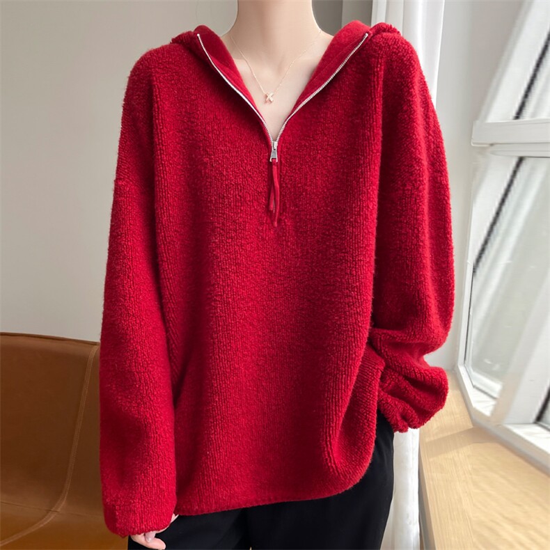 秋冬连帽100%纯羊毛衫女半开拉链加厚针织帽衫宽松慵懒羊绒衫上衣，女装羊毛衫，东远绒业