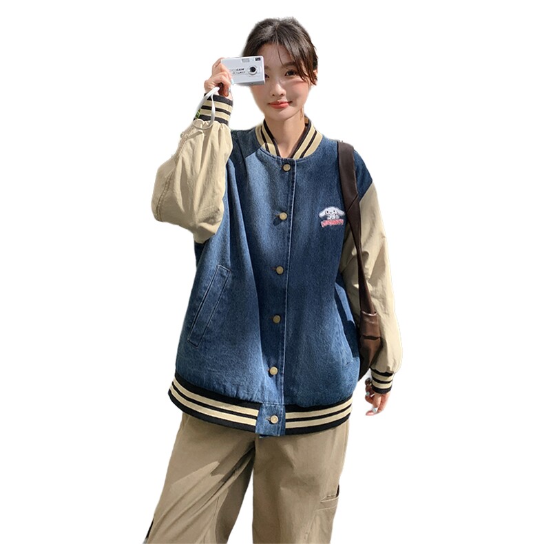 美式复古休闲夹棉牛仔外套女春秋季宽松百搭bf慵懒风棒球服夹克潮,女装牛仔外套,天使之佳话
