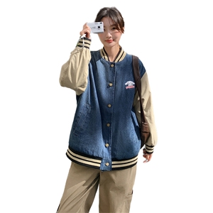 美式复古休闲夹棉牛仔外套女春秋季宽松百搭bf慵懒风棒球服夹克潮图片