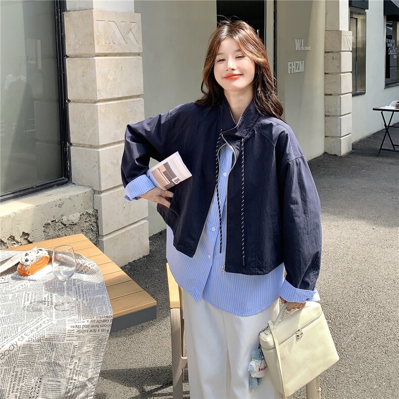 假两件条纹拼接藏青色外套女春秋2025新款小个子上衣流行爆款超火,女装短外套,2C239