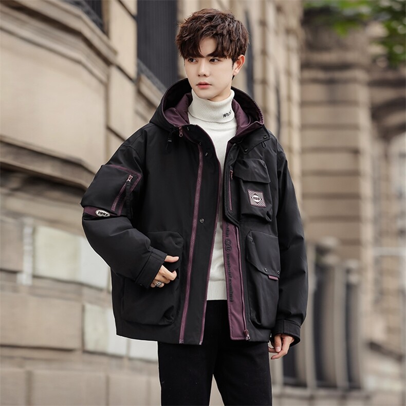 2025年男士冬季纯色短款连帽工装大口袋羽绒服外套S186P360，男装羽绒服，电商A221-2