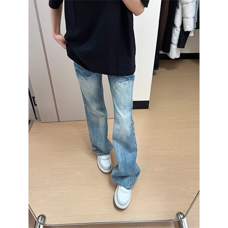 闪电波纹冰蓝牛仔裤男款夏薄款美式微喇裤子修身显瘦高腰直筒长裤,男装牛仔裤,星座1007（原301D）