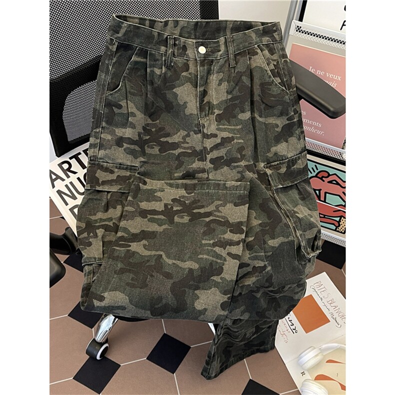 多口袋迷彩工装裤男春秋季复古宽松休闲褶皱阔腿直筒裤AMK86P54,男装牛仔裤,星座1013-5
