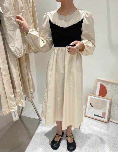 韩系ins风撞色连衣裙，女装连衣裙，艾米缇