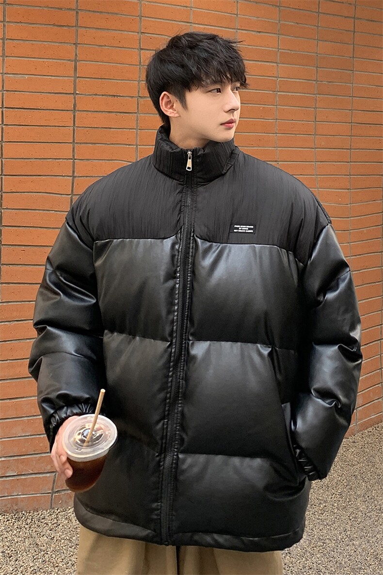 1港风外景褶皱波纹拼PU皮棉衣男立领棉衣男外套8715P128控168,男装棉衣,星座226-2