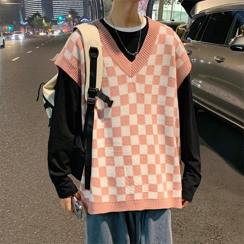 ！2025秋冬新款男士格子毛衣背心中性潮流无袖针织衫MX02P60图片