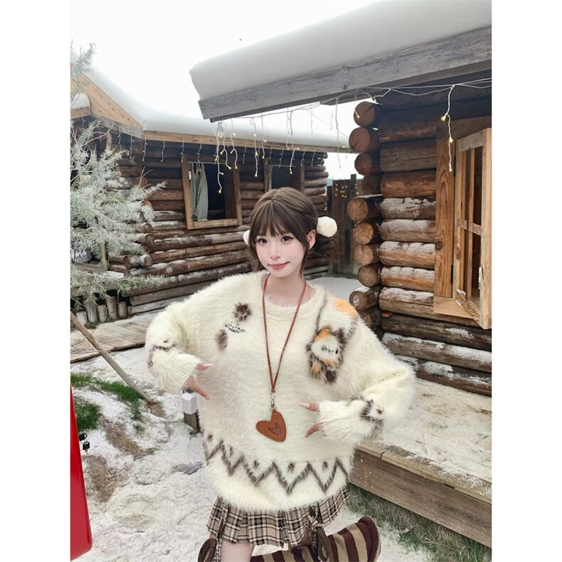 美式复古卡通提花套头貂毛毛衣女宽松慵懒风情侣针织衫潮M3900,男装针织衫/毛衣,星座601-1