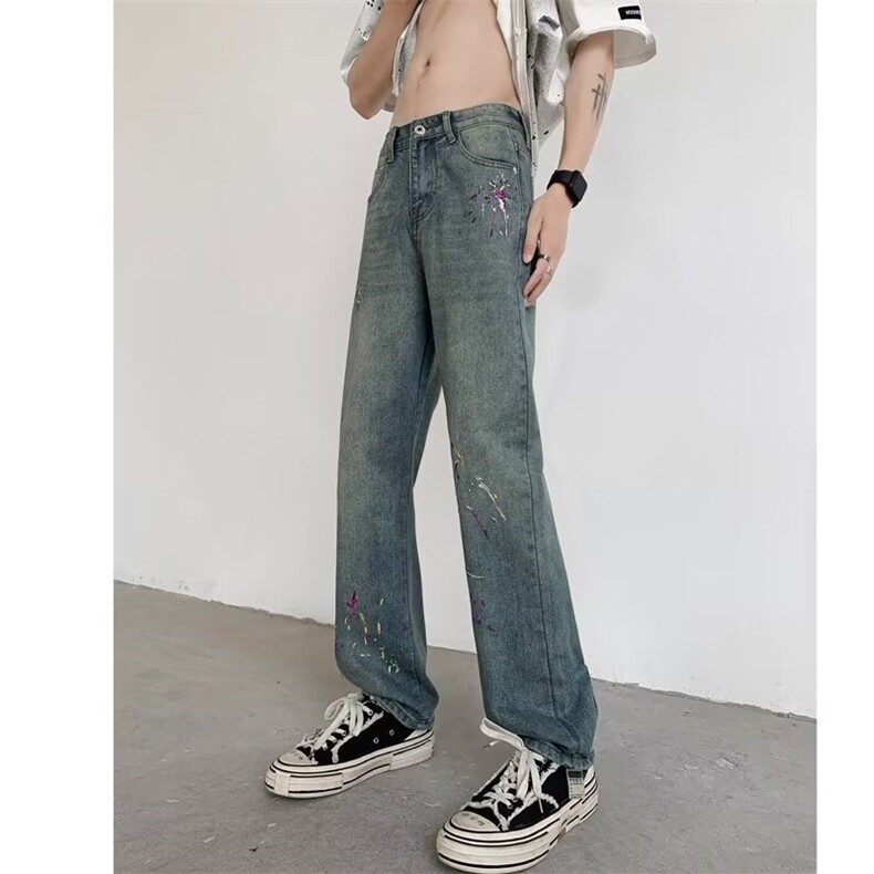 美式高街牛仔裤男韩版潮流刺绣个性2024夏季新款ins长裤RK513-P49,男装牛仔裤,星座412-3